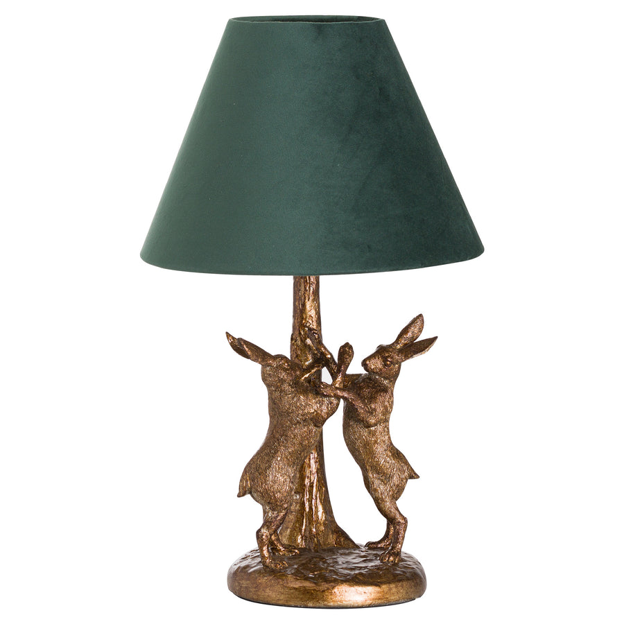 Hill Interiors Antique Gold Marching Hares Lamp With Green Velvet Shade