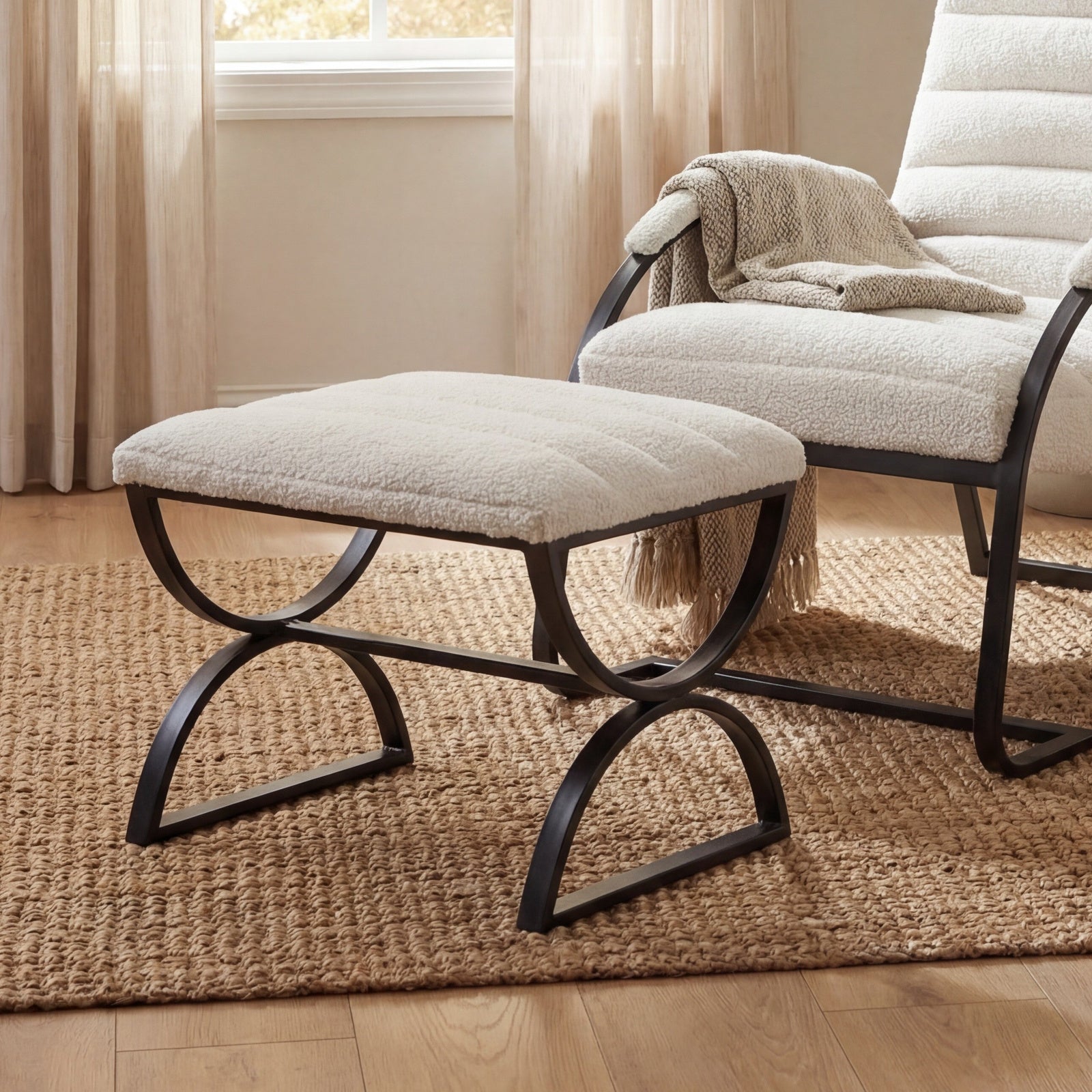 Bouclé ribbed footstool in cream