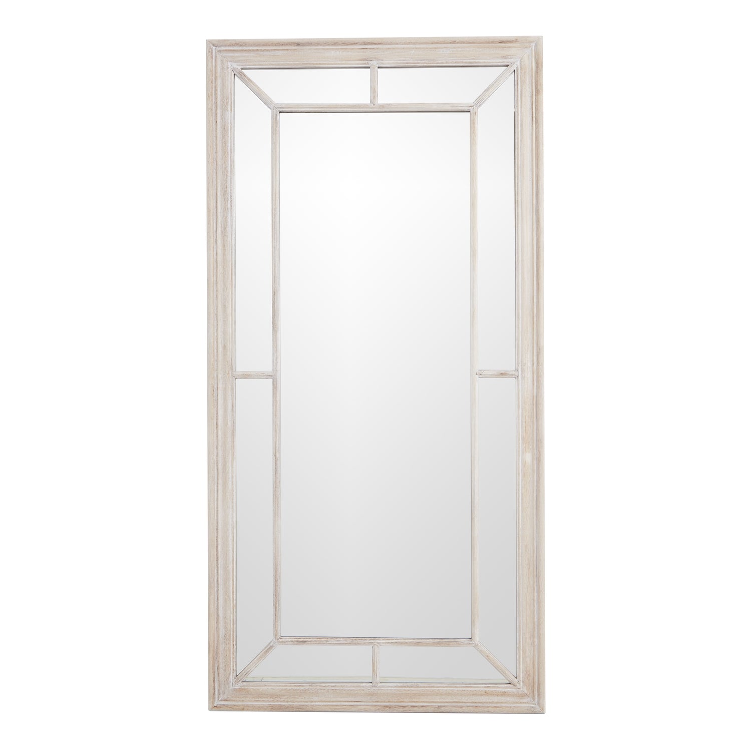 Large washed wood framed window mirror with multiple panes