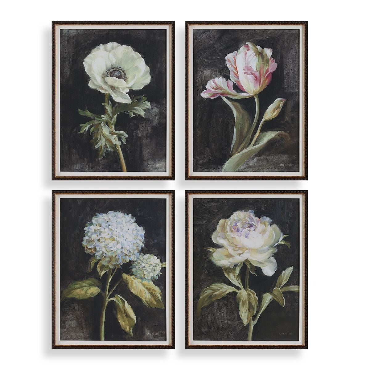 Florals on Black Framed Prints, Set of 4