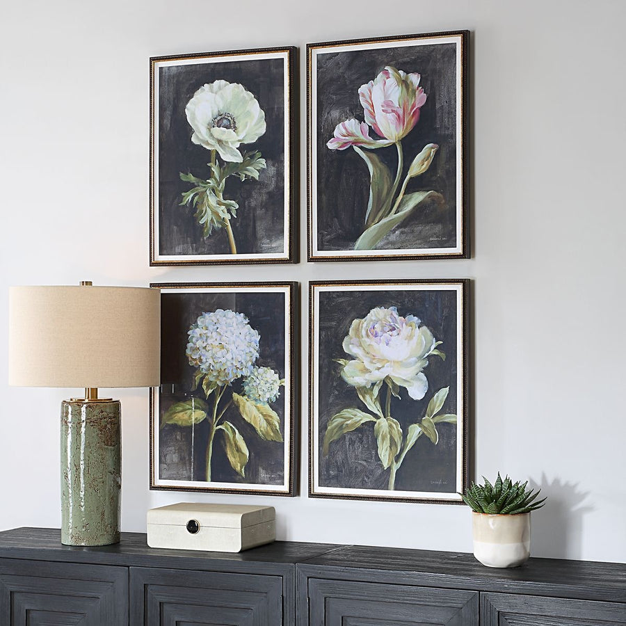 Florals on Black Framed Prints, Set of 4