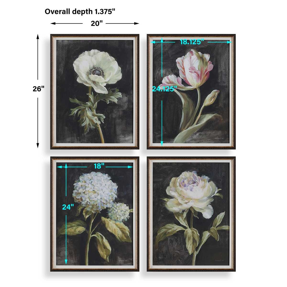 Florals on Black Framed Prints, Set of 4