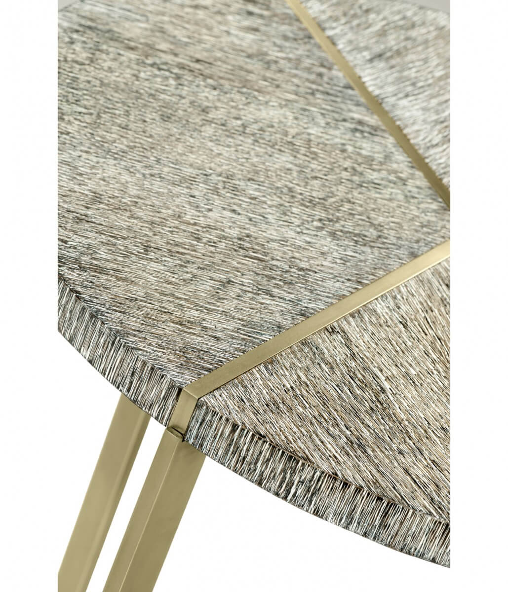 Geometric Round Oak and Brass End Table