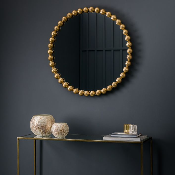 Selena Round Wall Mirror - Gold frame beading