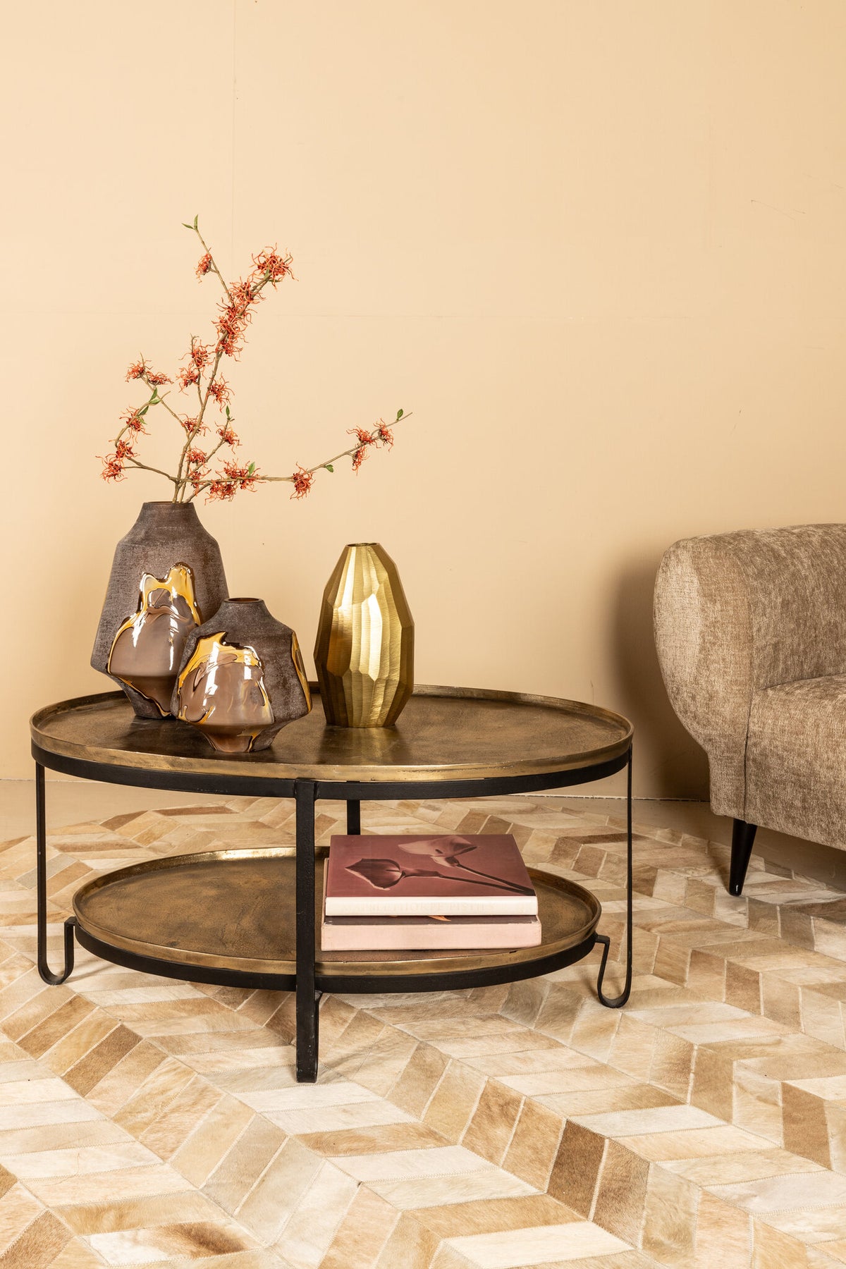 Kae gold aluminium coffee table with black iron frame, two tier