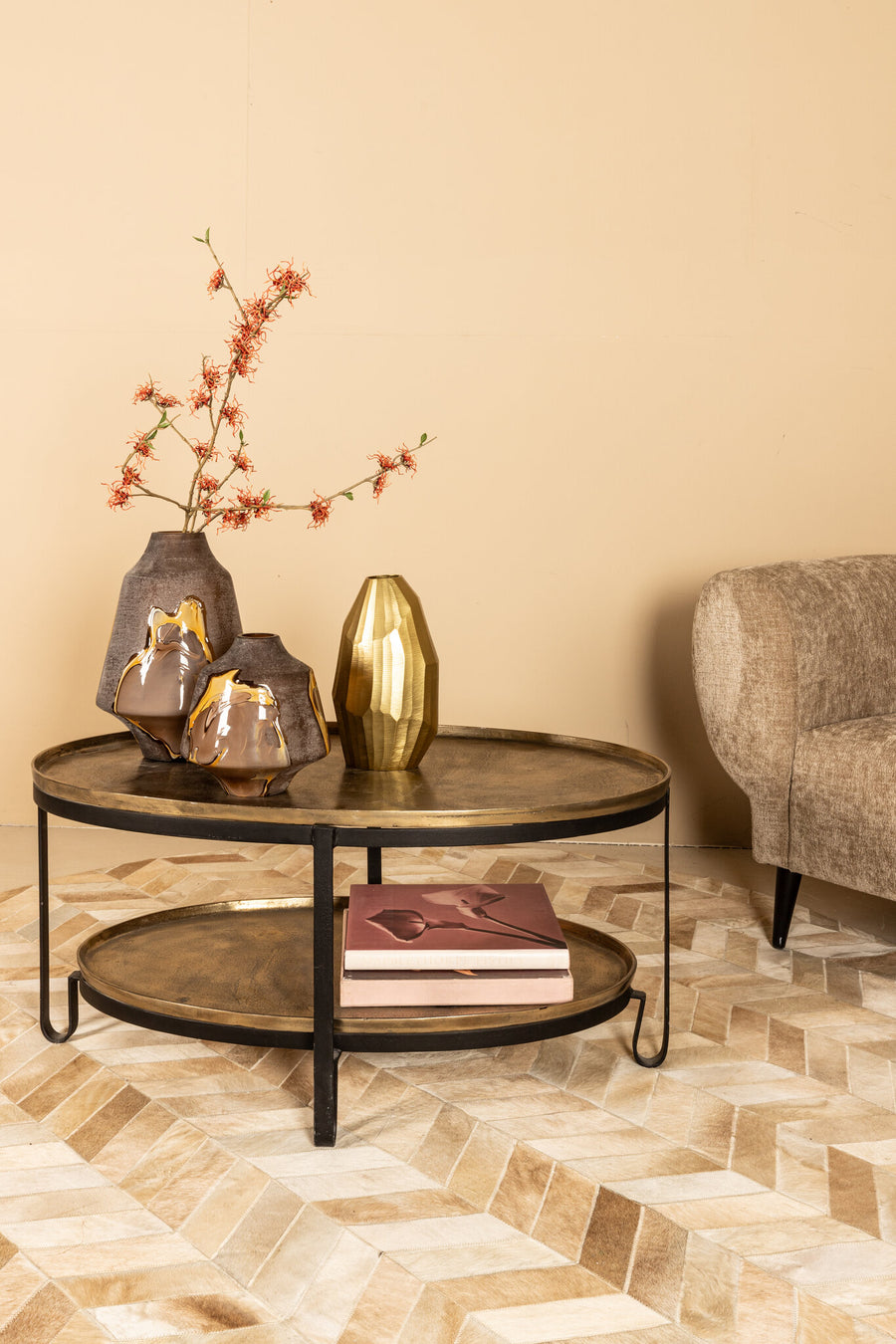 Kae gold aluminium coffee table with black iron frame, two tier