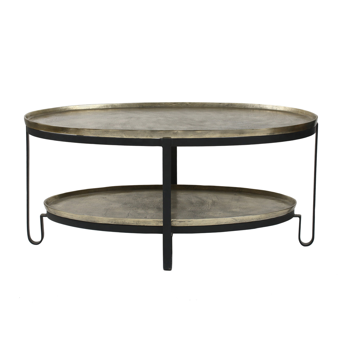 Kae gold aluminium coffee table with black iron frame, two tier