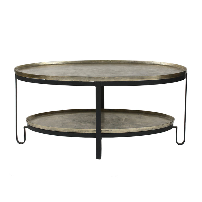 Kae gold aluminium coffee table with black iron frame, two tier