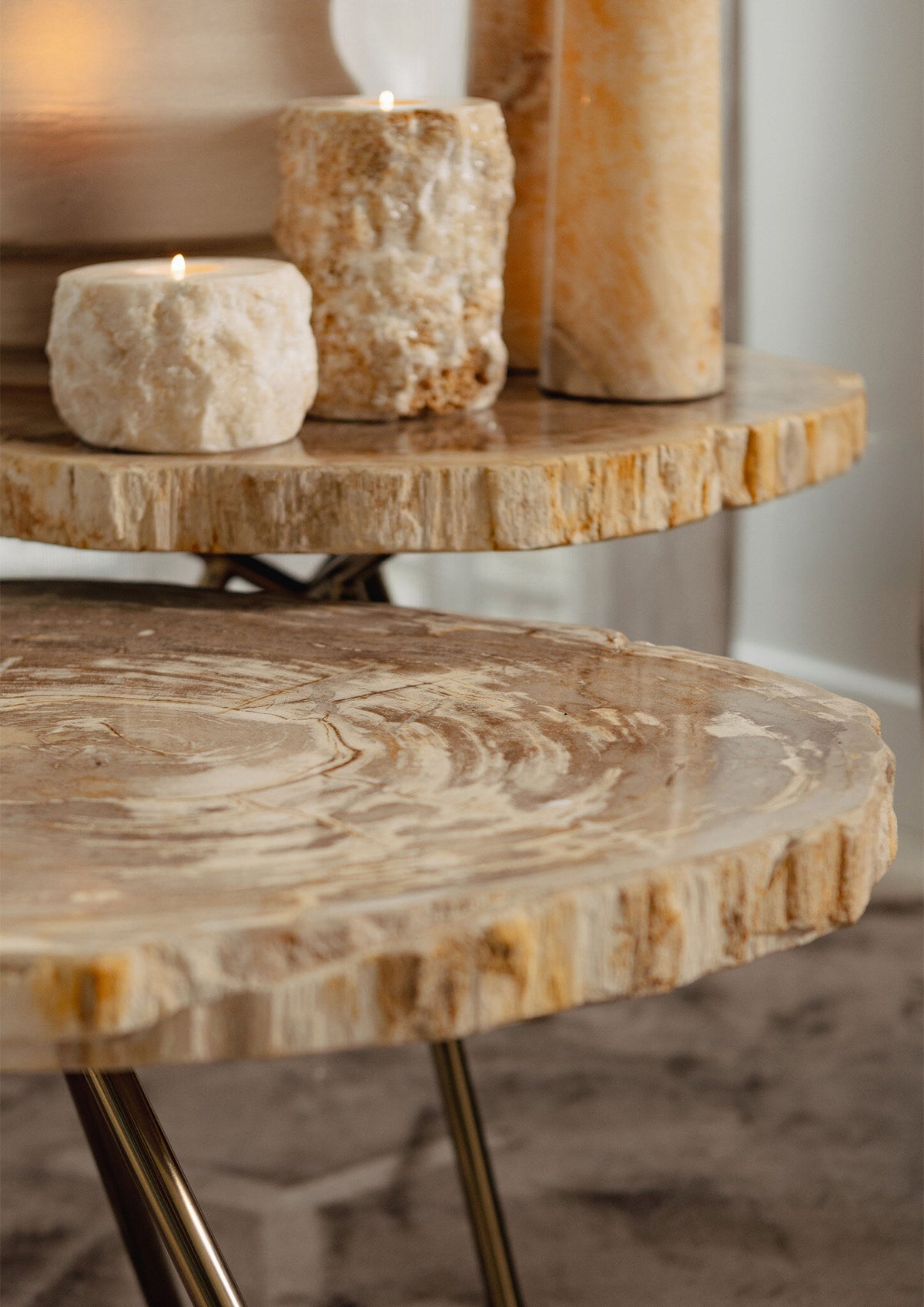 New Khine cream petrified wood-effect round coffee table