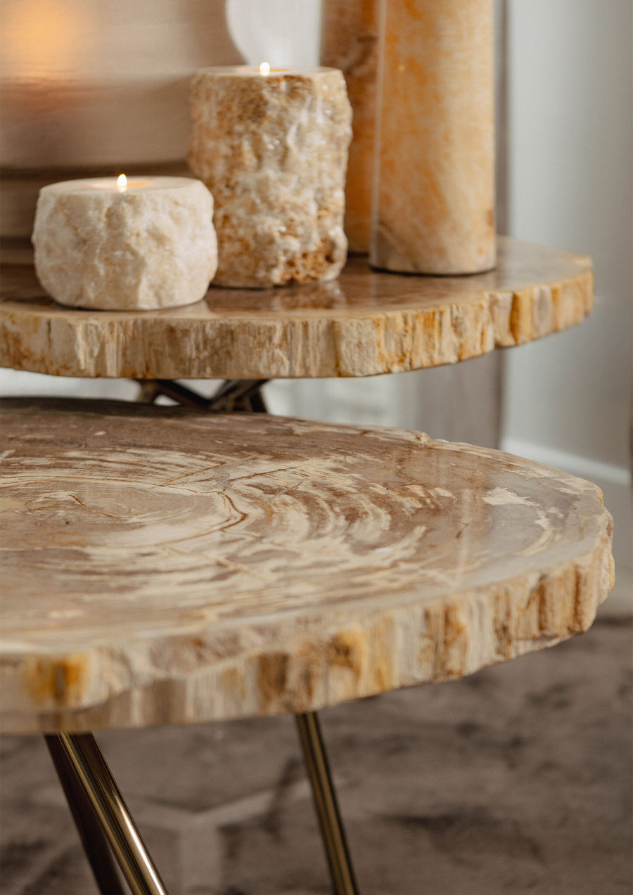 New Khine cream petrified wood-effect round coffee table