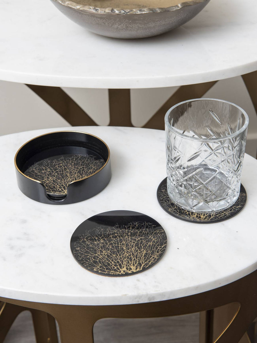 Coral Design Black And Gold Coasters Set Of 4