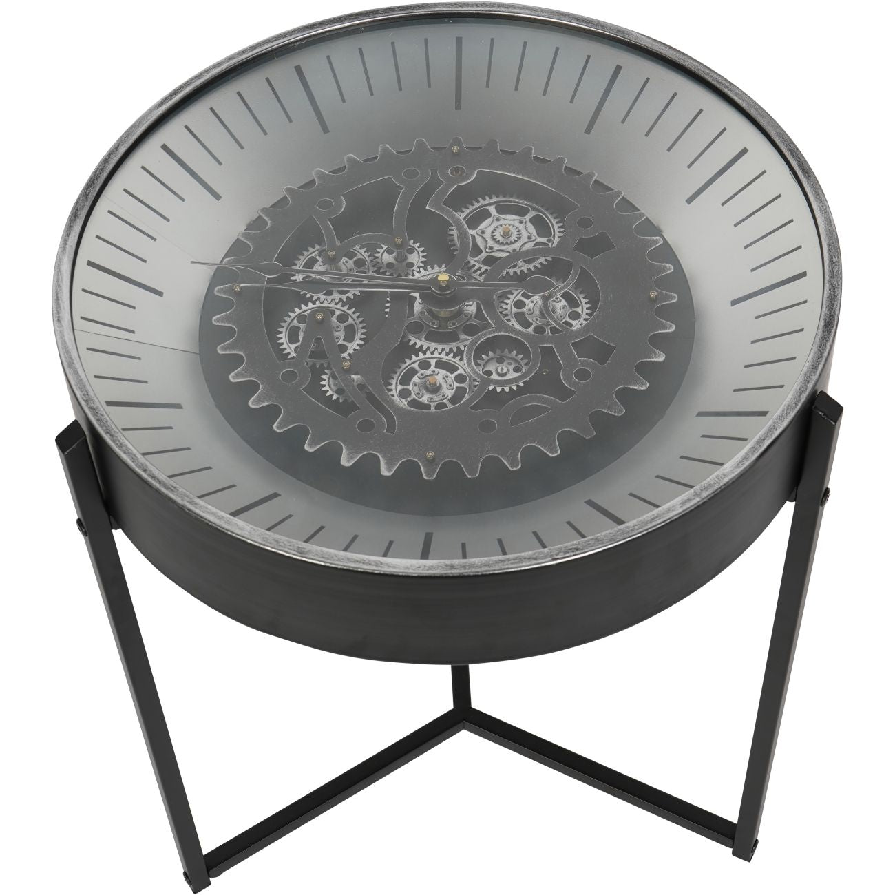 Palladium Side Table Clock with Moving Cogs Black Nickel