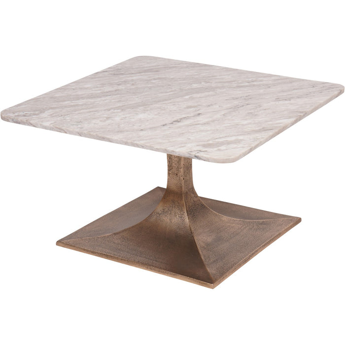 Libra Morchino coffee table with a square veined top and warm metallic pedestal base