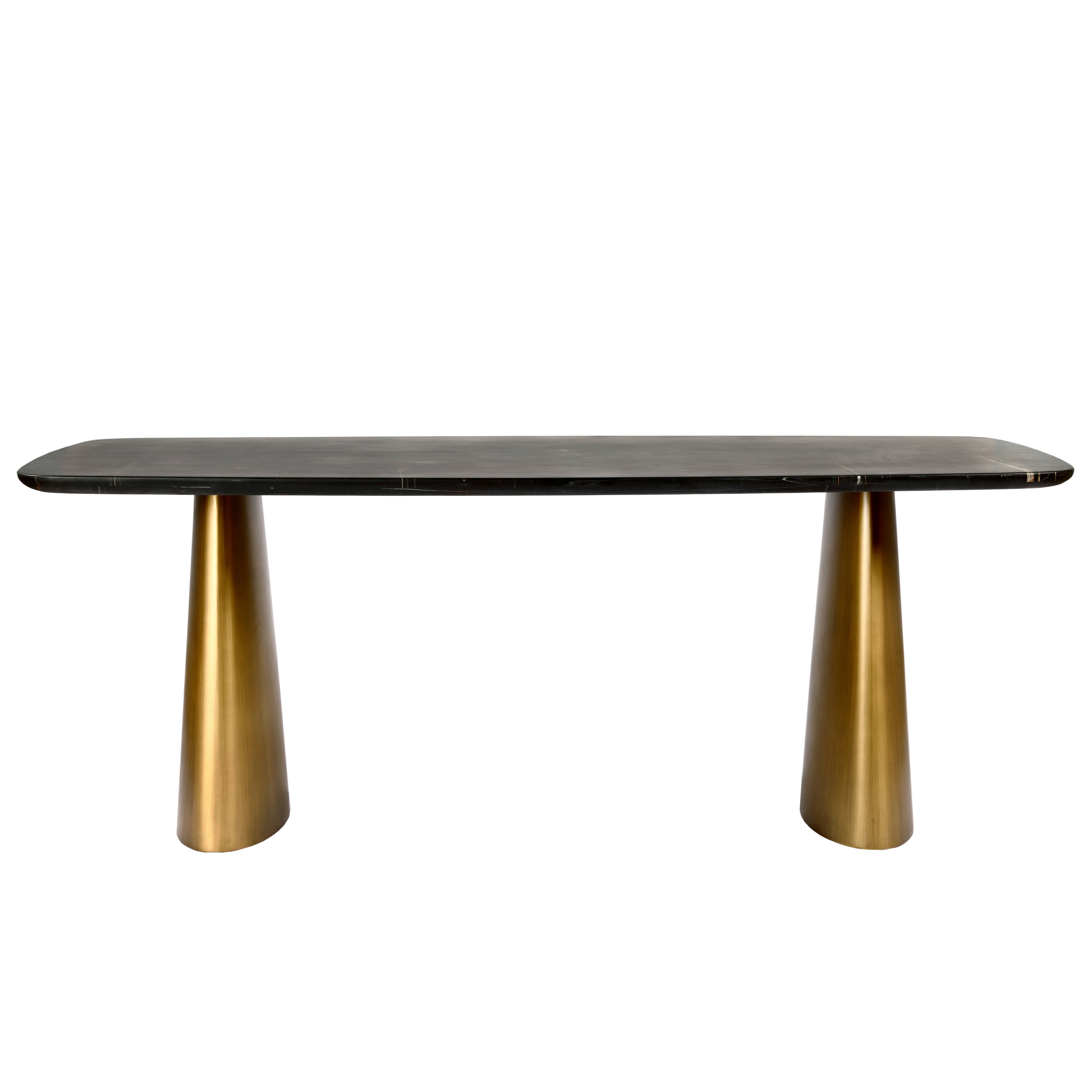 Caldera Solid Black Marble Dining Table on Brass Legs 200x90cm