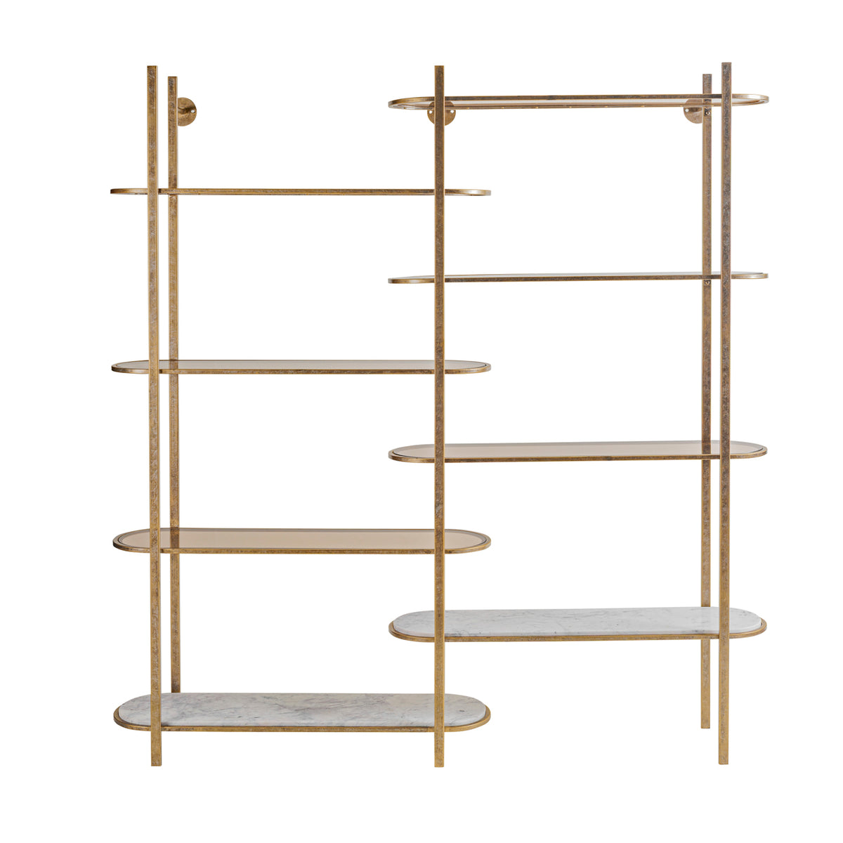 Belvedere Aged Gold Shelving Unit — product image on a white background