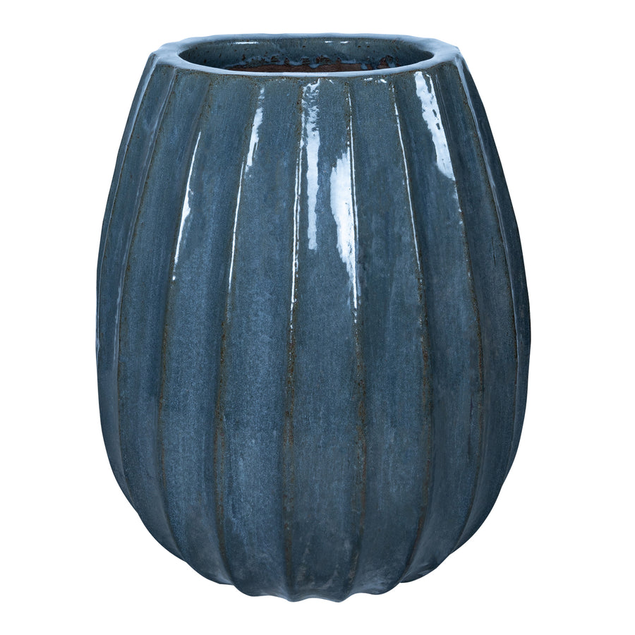 Lionne blue ribbed bulb-shaped ceramic planter, large