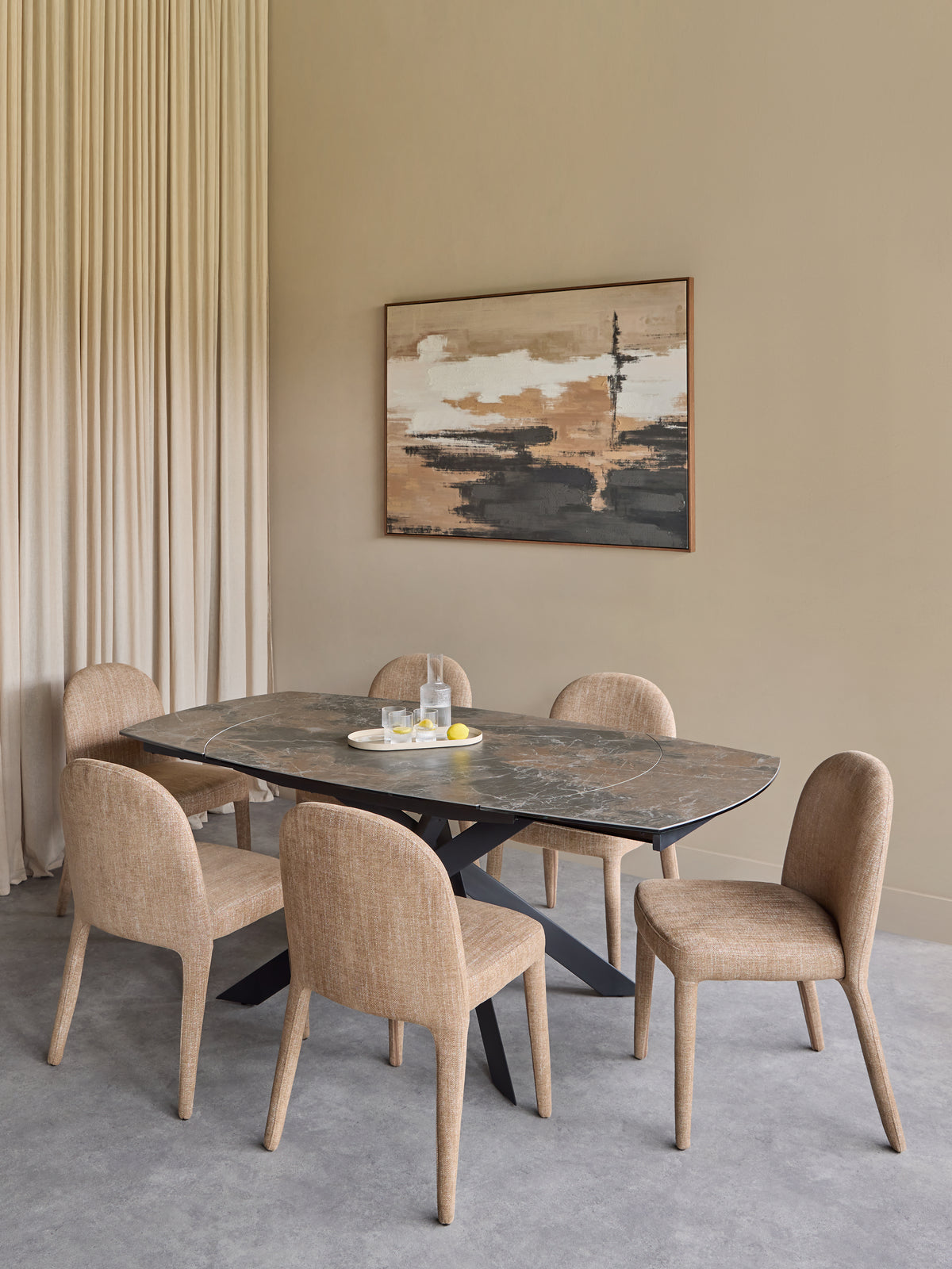 Themsby Extendable Dining Table — Smoked Stone — styled in a room setting