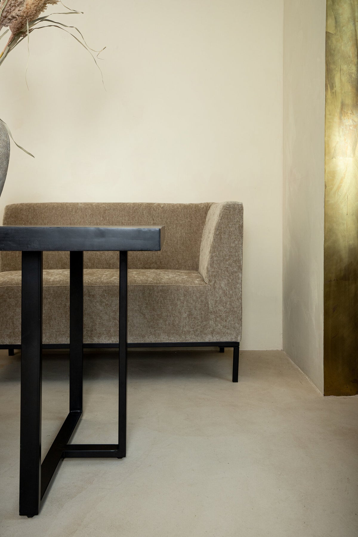 Xania cream dining bench with left arm, black metal legs