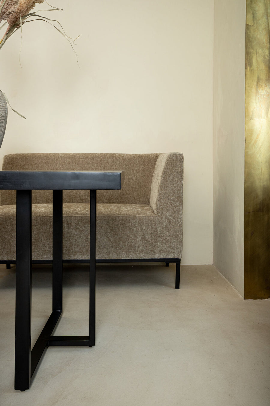 Xania cream dining bench with right arm, black metal legs