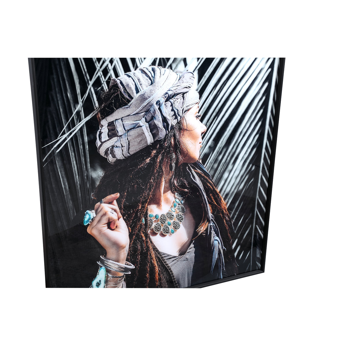 Melani glass art wall panel, woman at palm tree, black