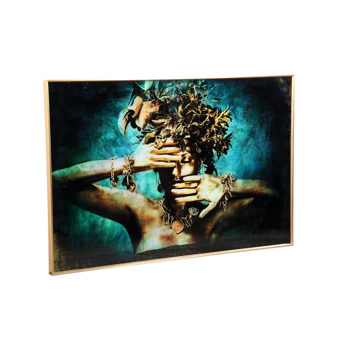 Melani glass art wall panel, embrace nature design, blue, wide
