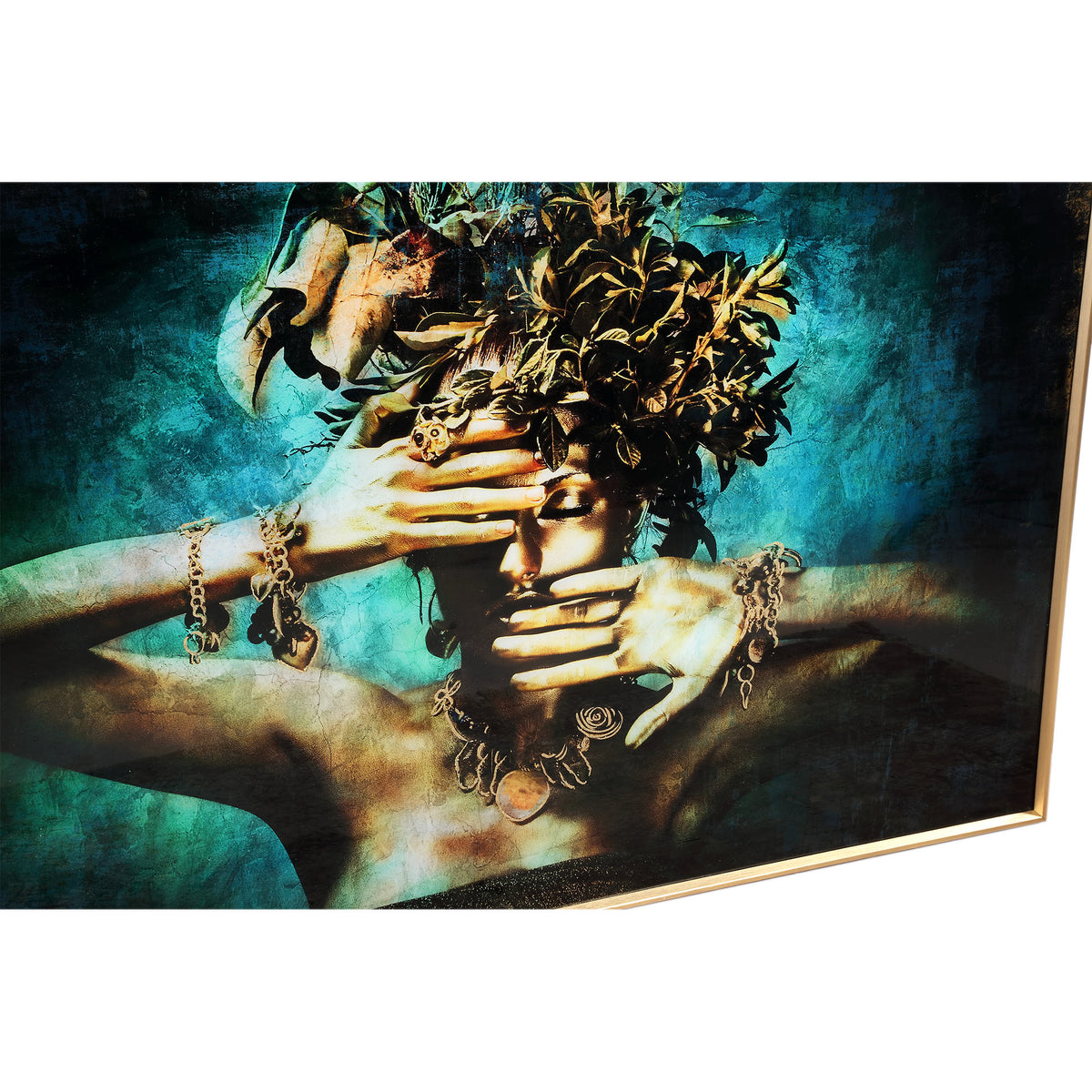 Melani glass art wall panel, embrace nature design, blue, wide