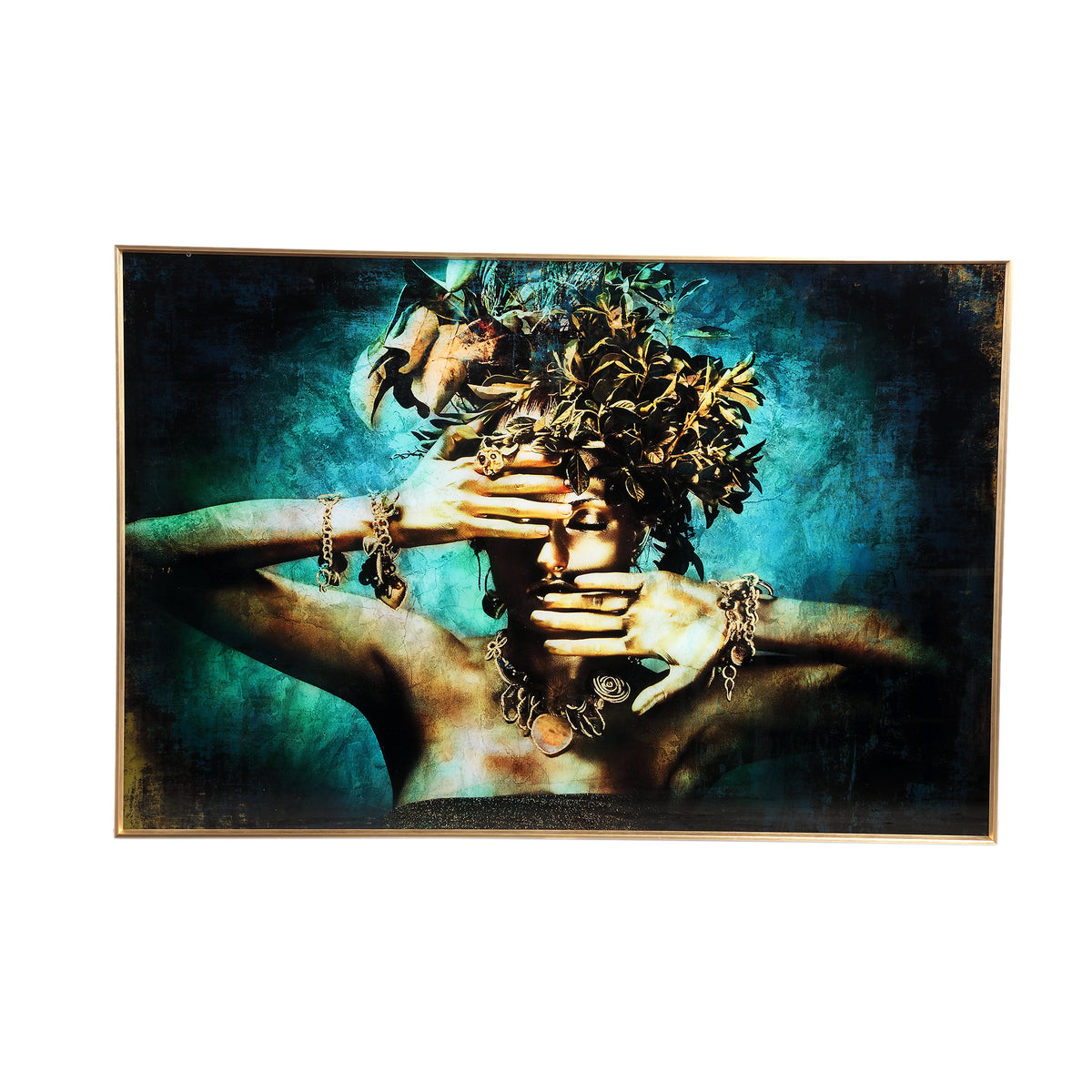 Melani glass art wall panel, embrace nature design, blue, wide