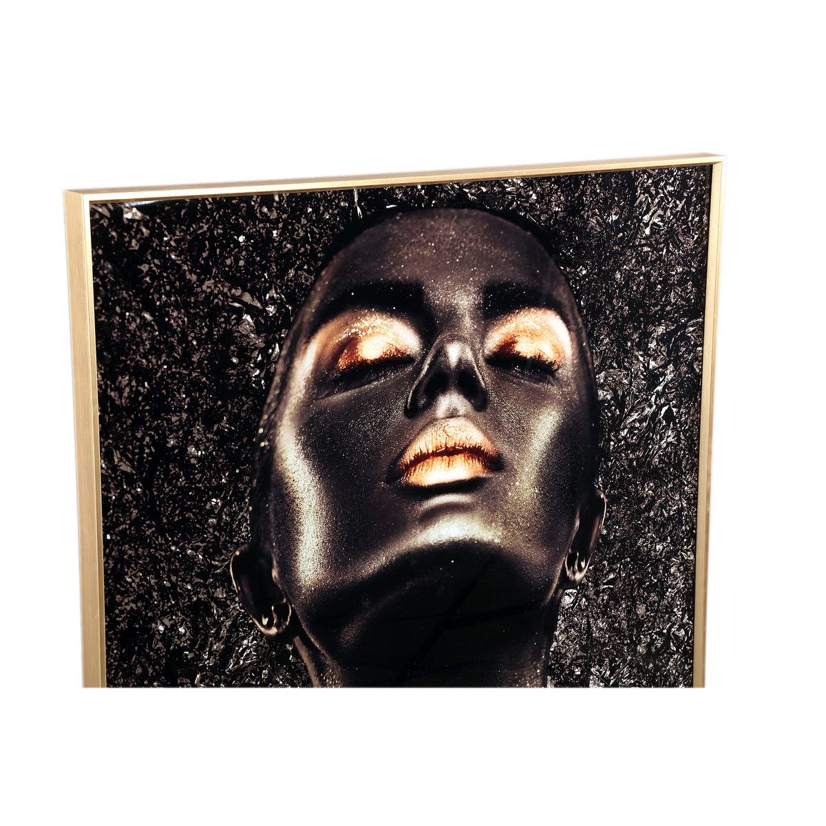 Melani glass art wall panel, shimmering gold woman design