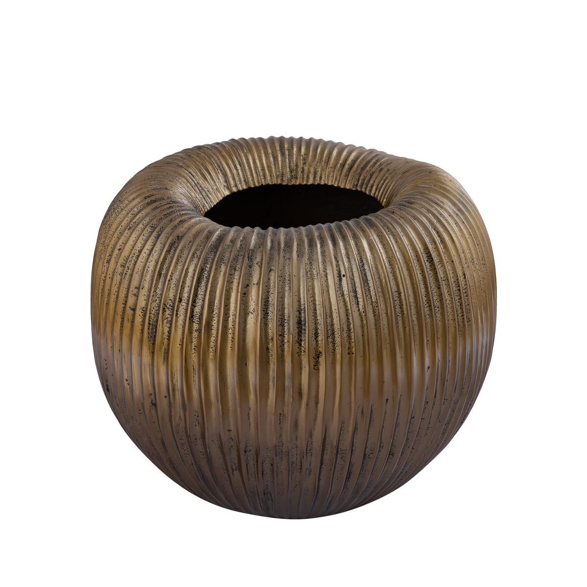 Russel gold ribbed aluminium planter, low wide