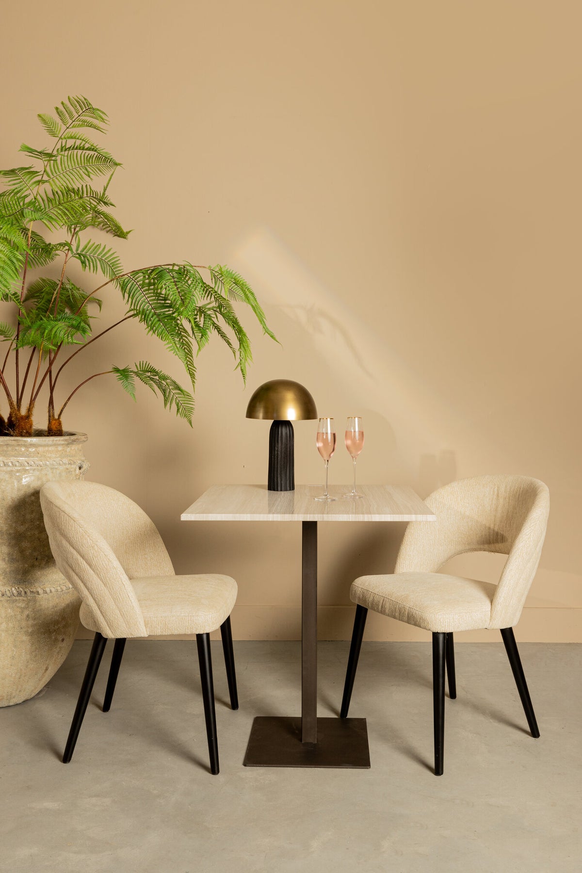 Plaza white marble square bistro table, taupe base
