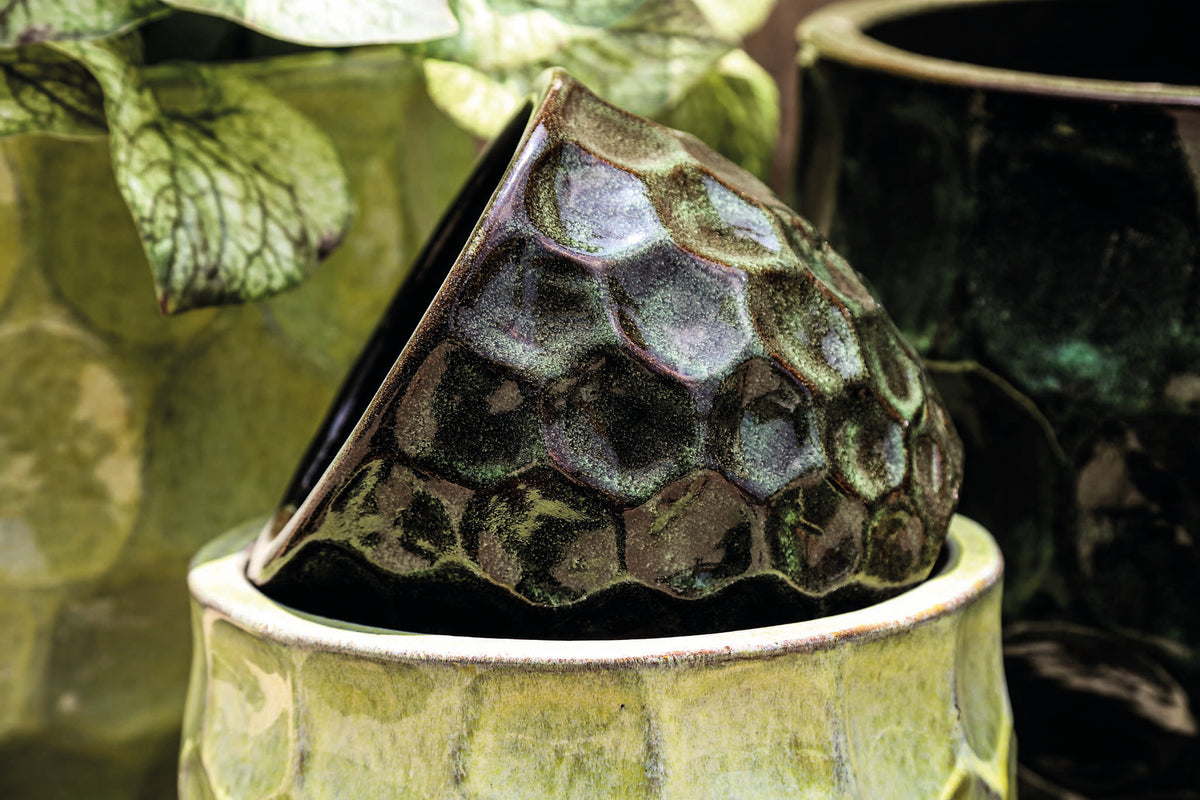 Charlie yellow stoneware planter with circle pattern