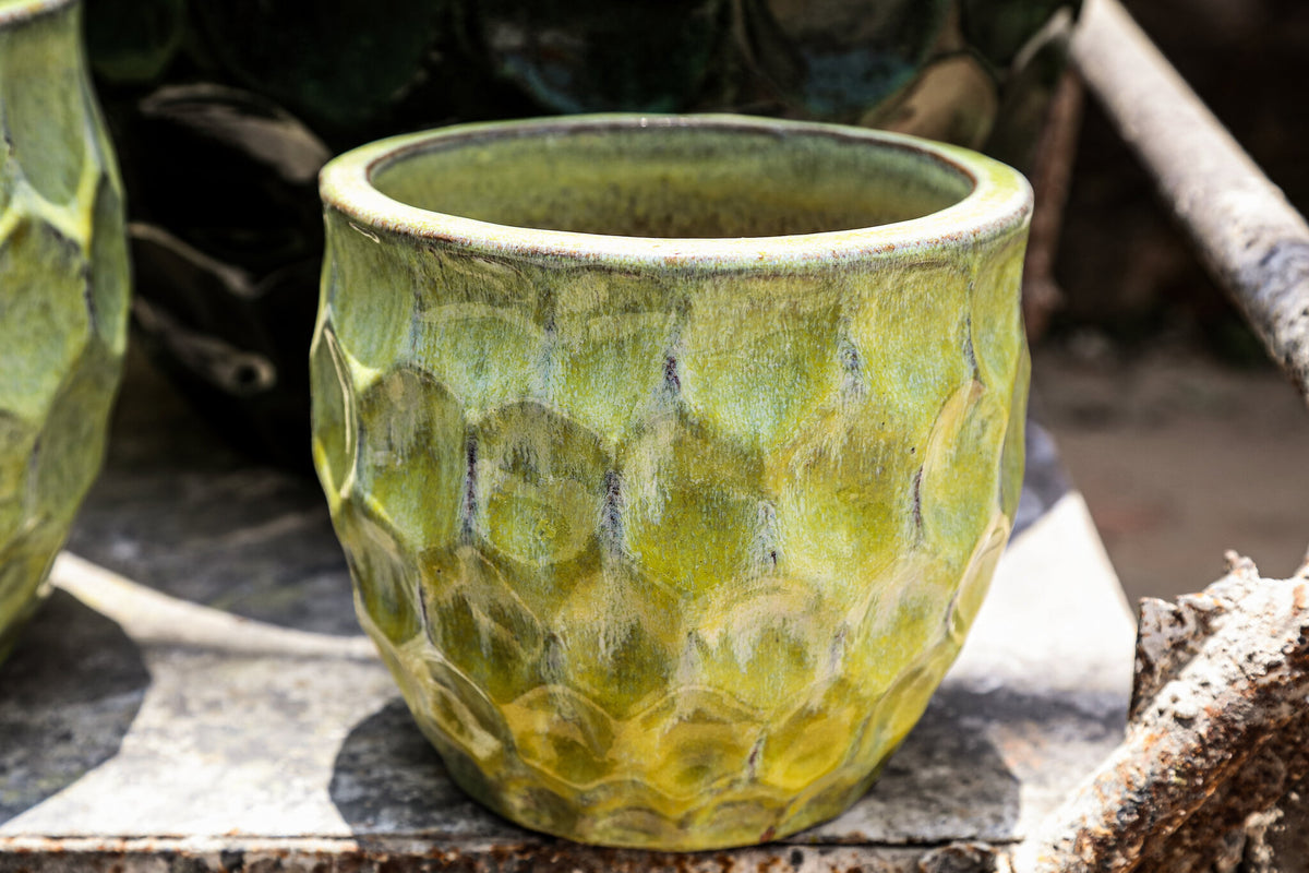 Charlie yellow stoneware planter with circle pattern