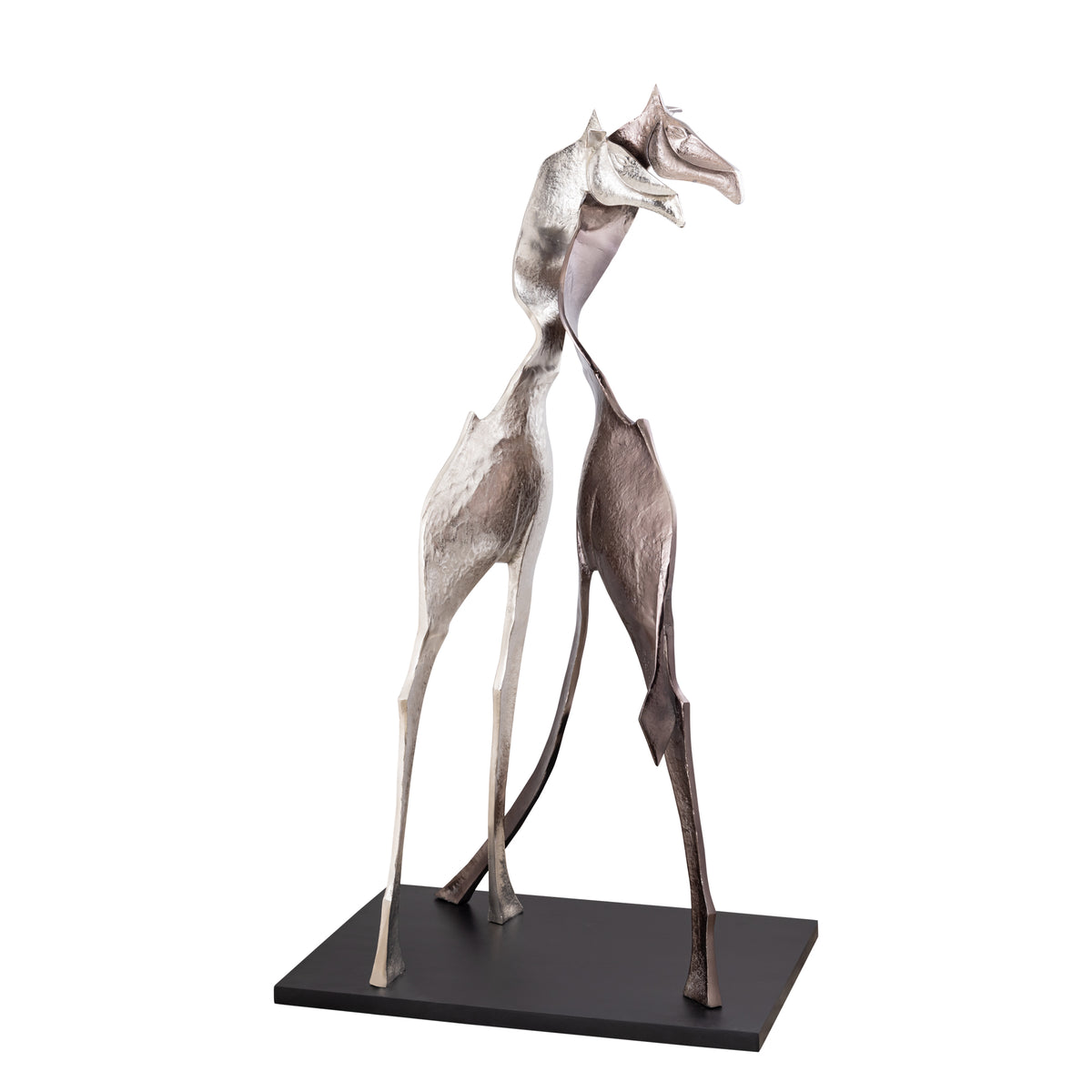 Skye black cast aluminium giraffe statue, large, wood base