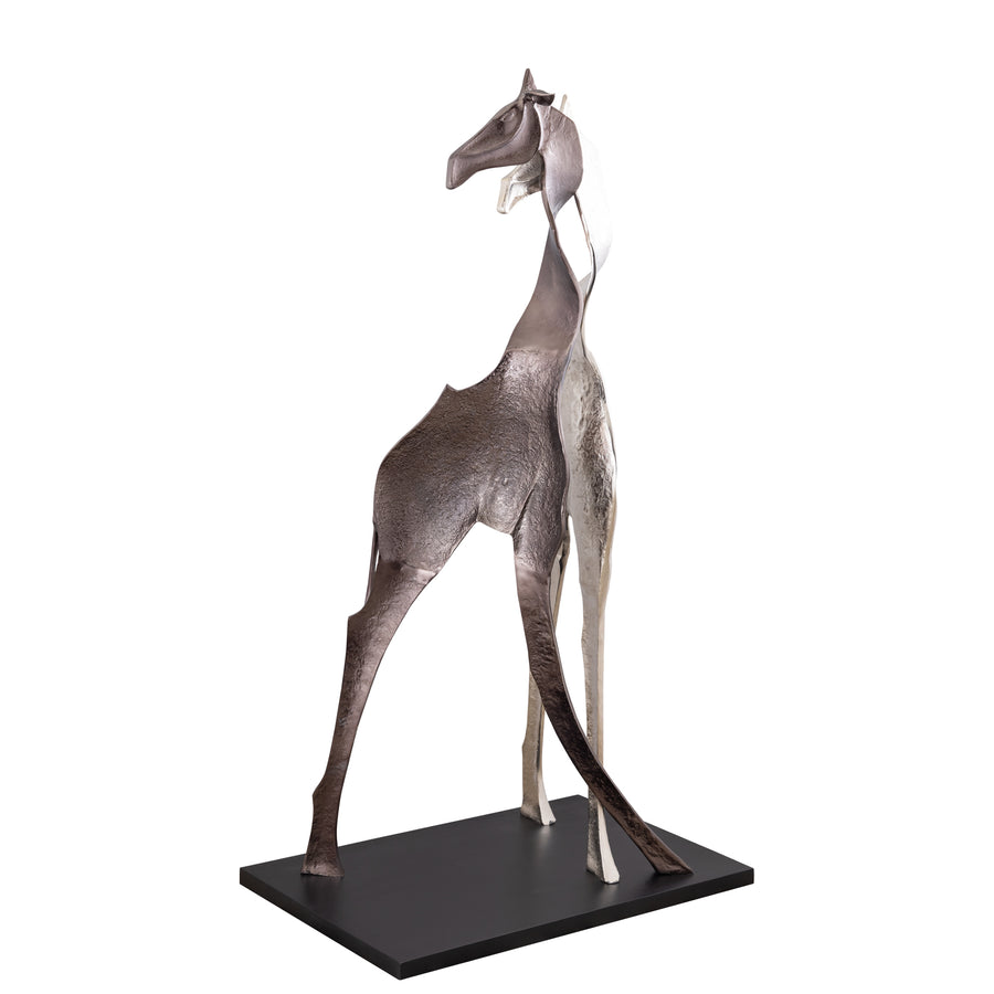 Skye black cast aluminium giraffe statue, large, wood base