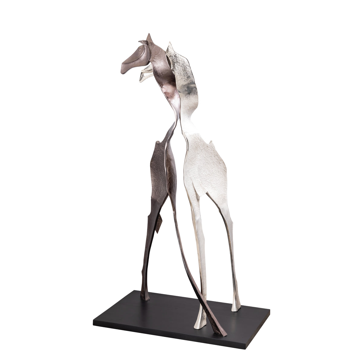 Skye black cast aluminium giraffe statue, large, wood base