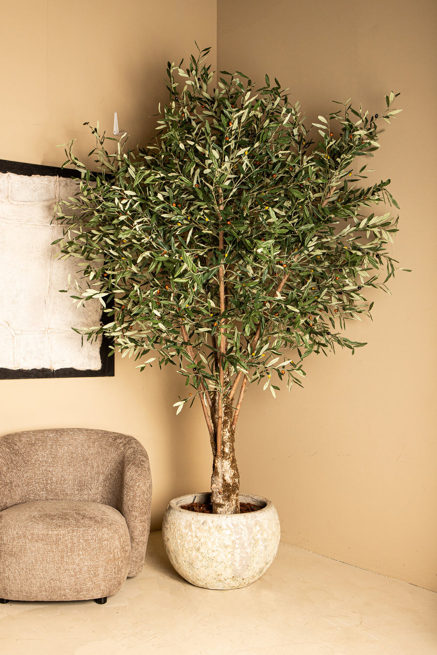 Faux olive tree in plastic pot, green