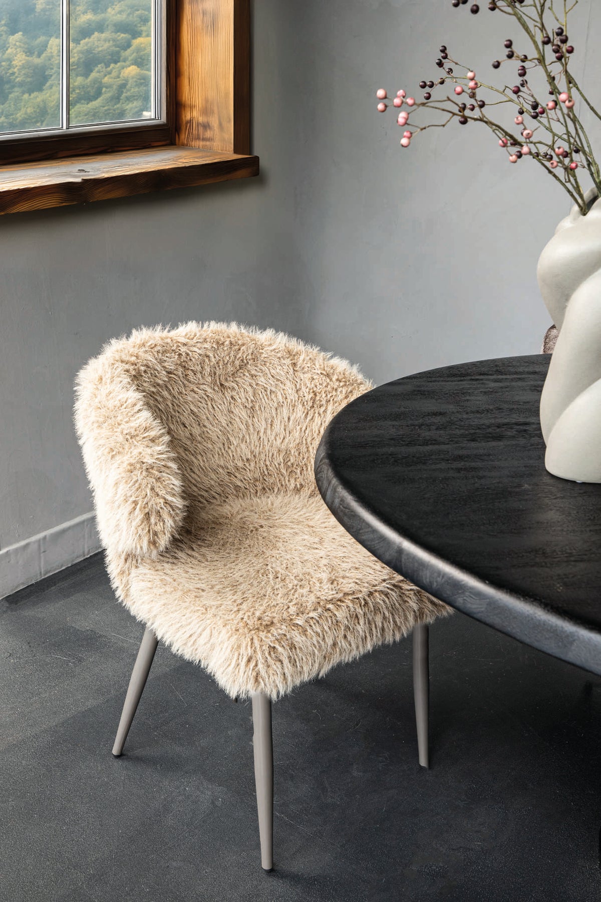 Ares beige upholstered in faux-fur fabric dining chair