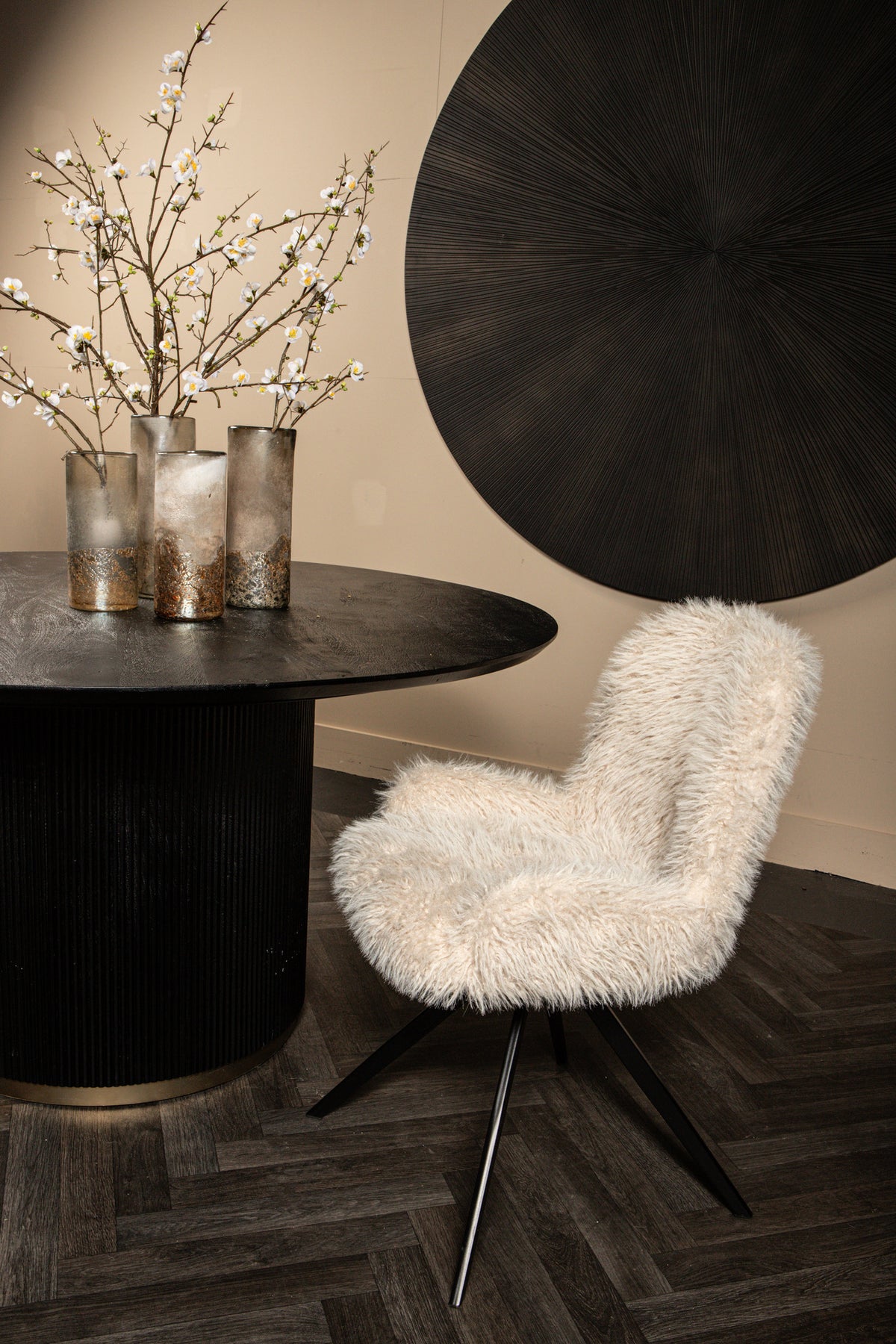 Leander beige upholstered in faux-fur fabric dining chair