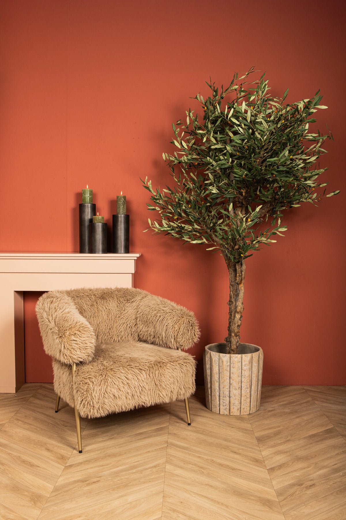 Faux olive tree in pot, 210cm, green foliage