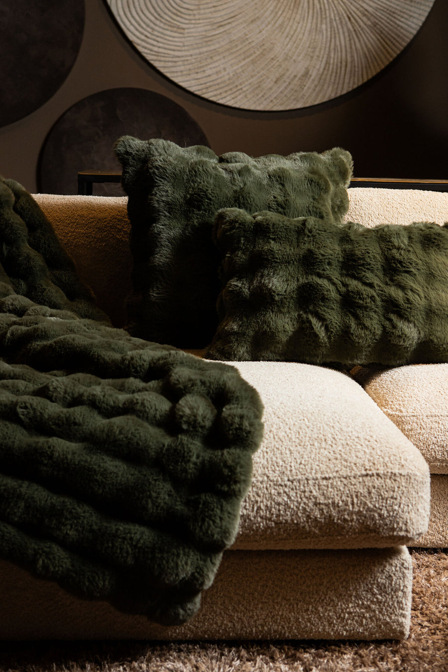 Dunae moss green faux fur throw with dotted pattern