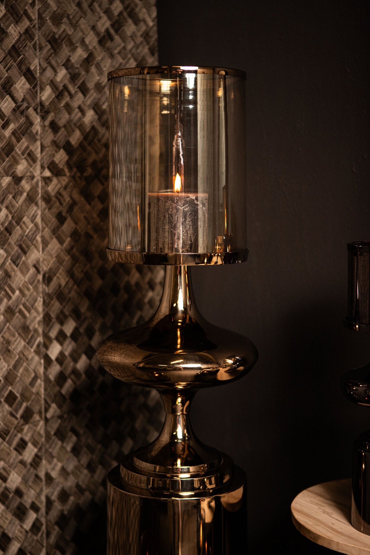 Rodire bronze floor hurricane lantern with glass chamber, large