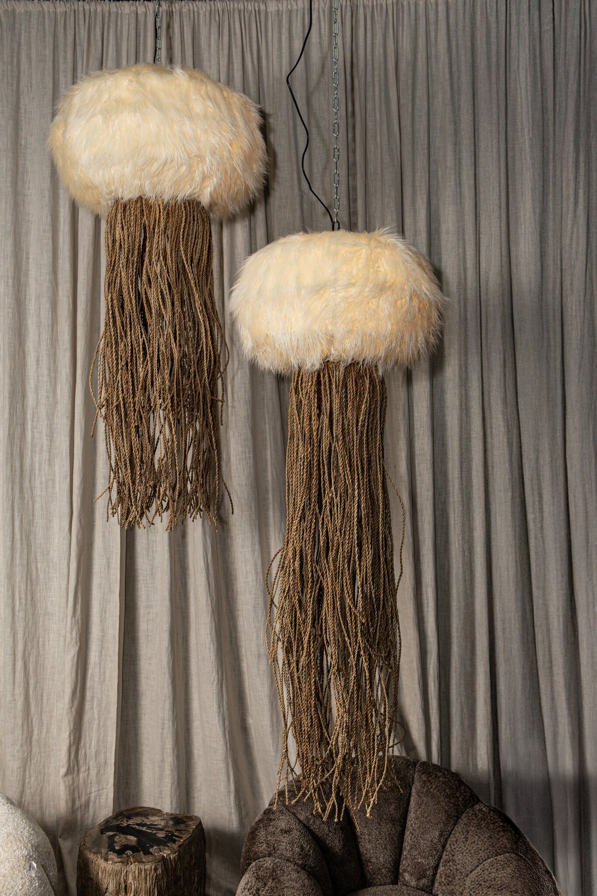 Goa brown faux fur jellyfish pendant light, small