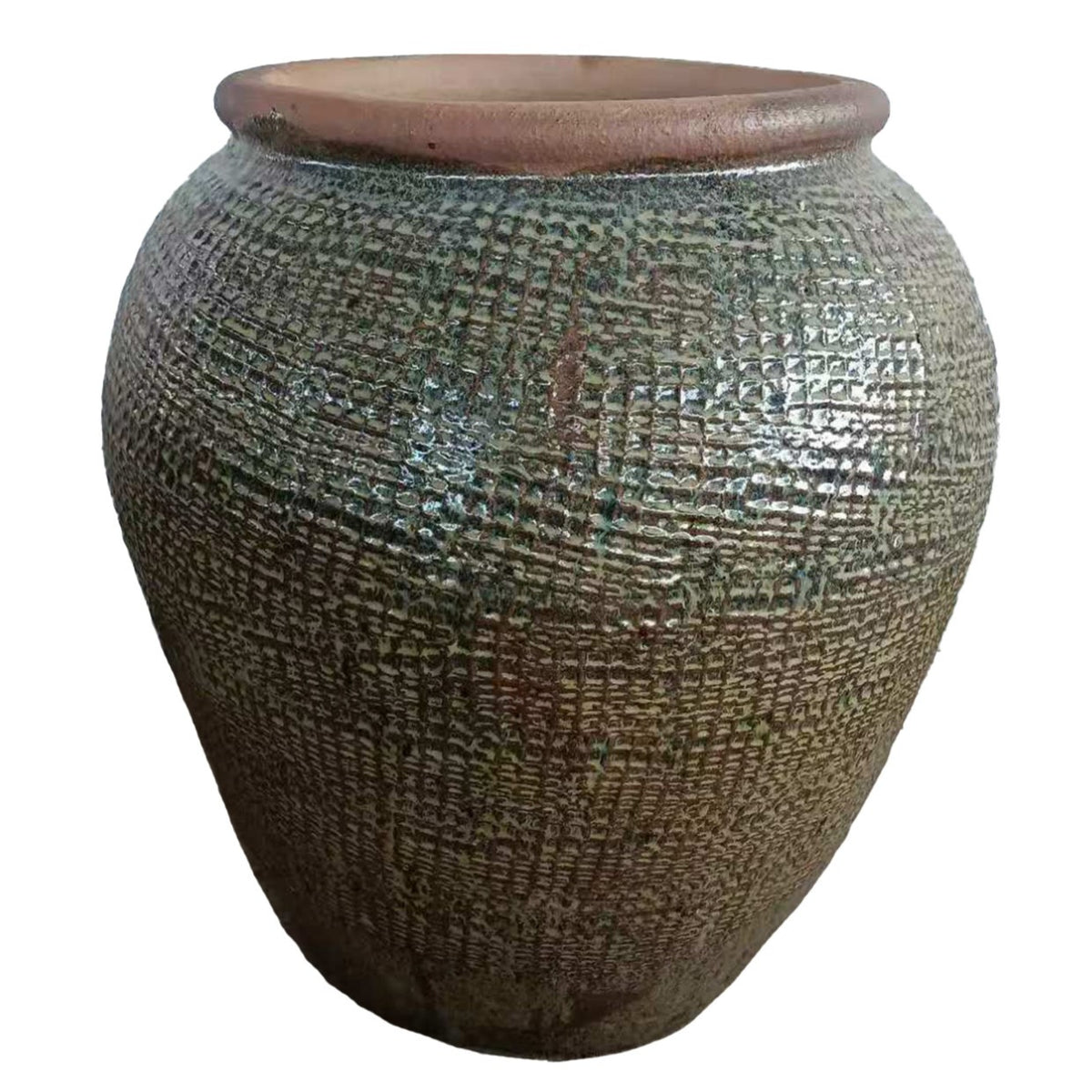 Lisie natural ceramic planter with blue square pattern, square