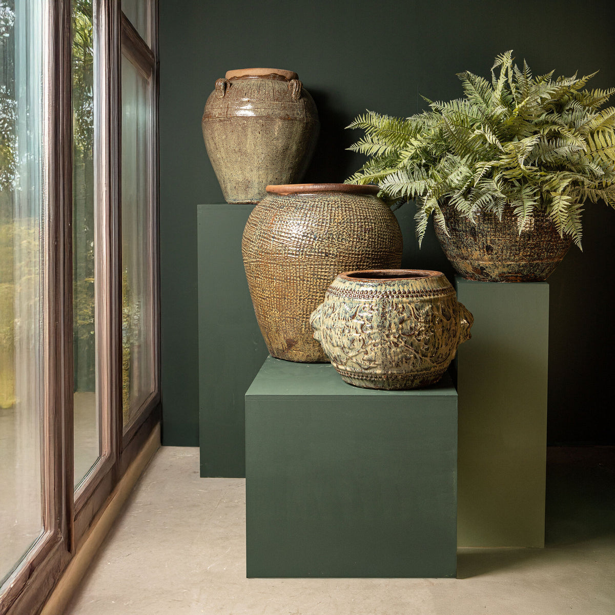 Lisie natural ceramic jar planter with blue pattern