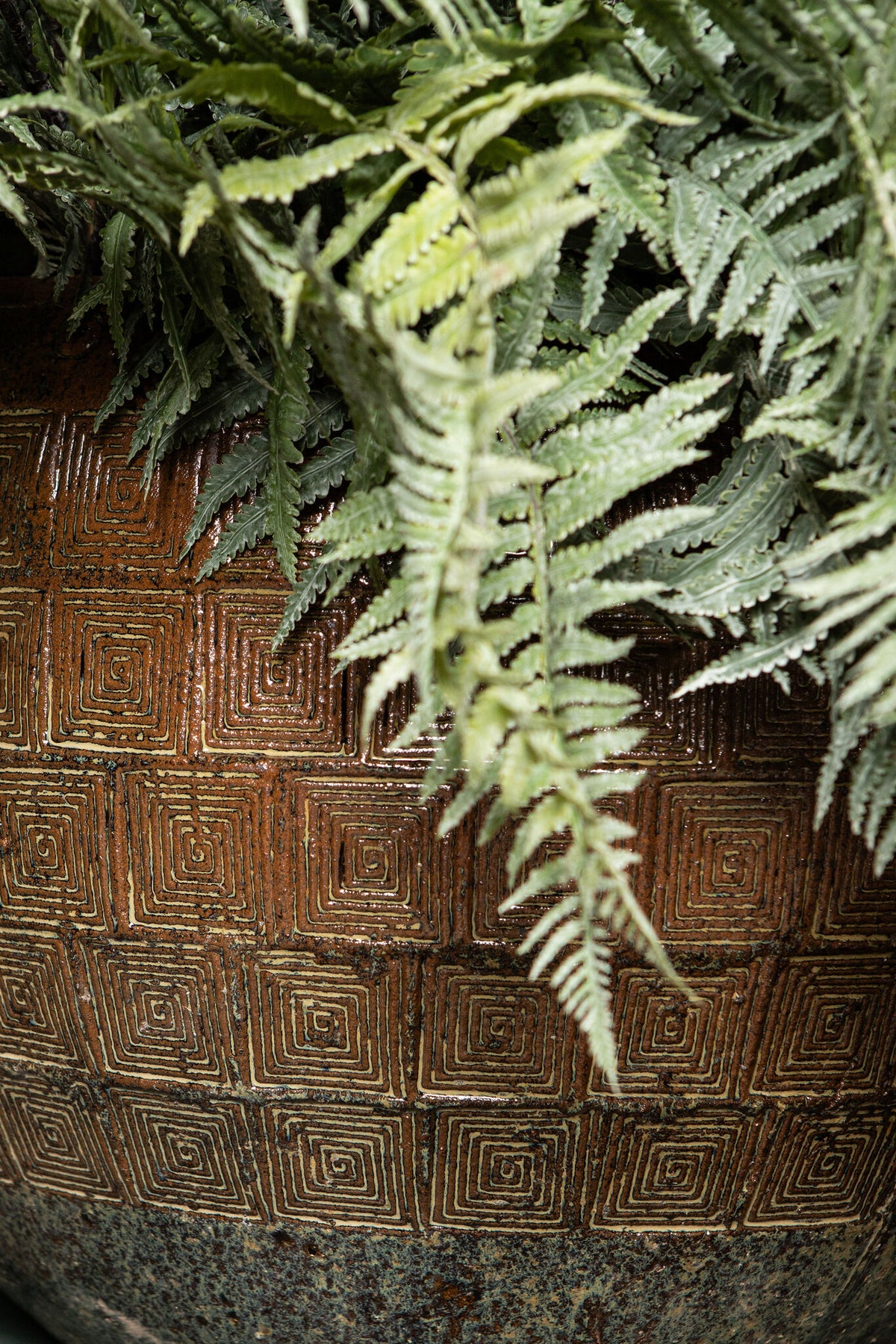 Lisie natural ceramic planter with blue pyramid pattern, tapered