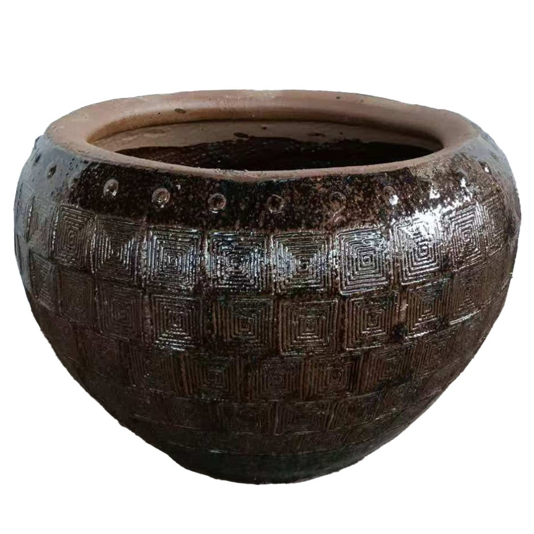 Lisie natural ceramic planter with blue pyramid pattern, tapered
