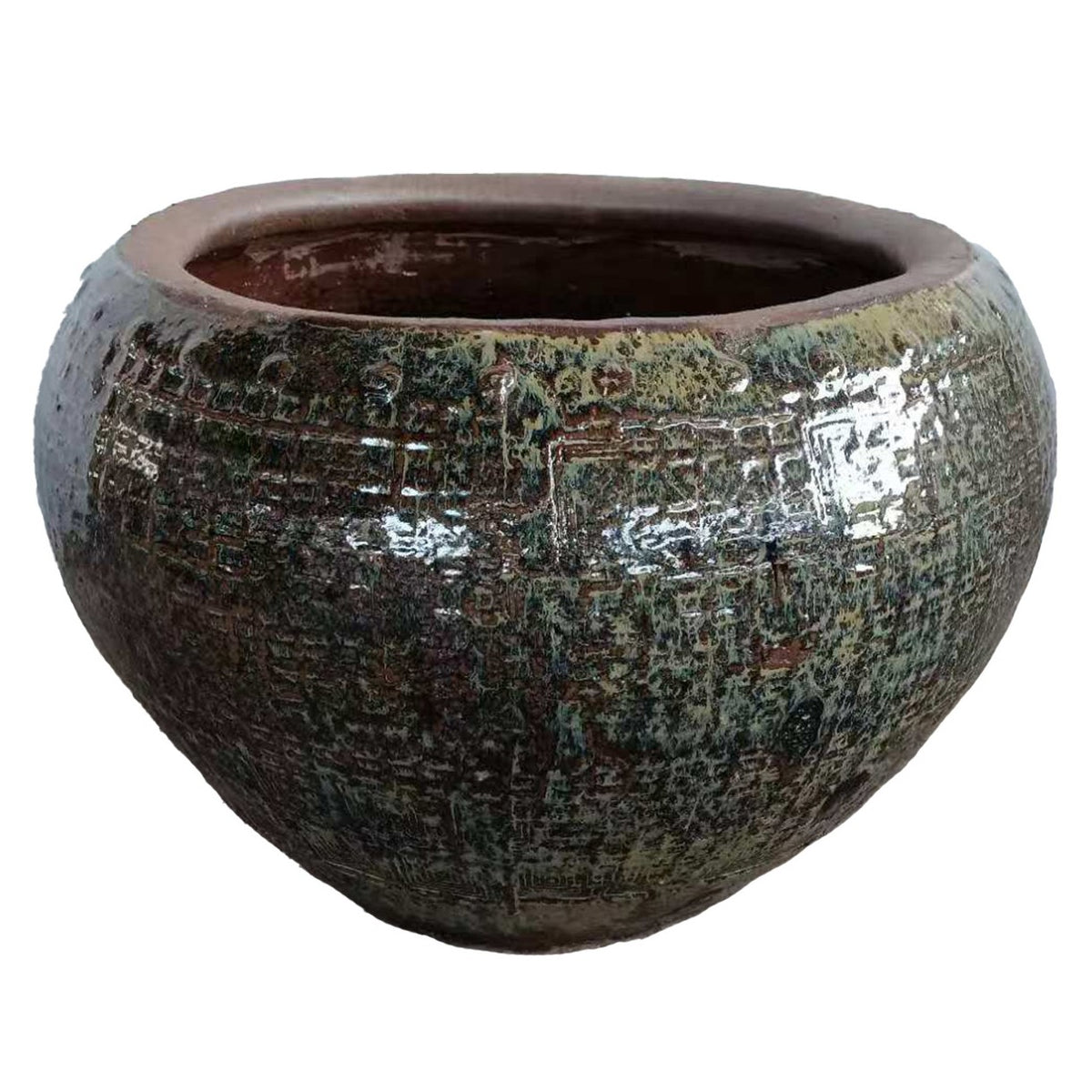 Lisie natural ceramic planter with blue square pattern, square