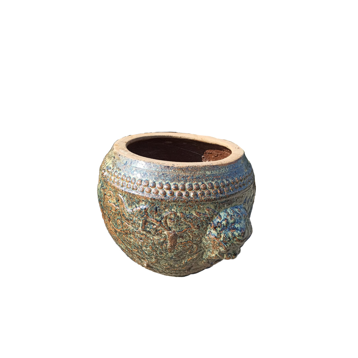 Lisie natural ceramic planter with blue dragon pattern, round