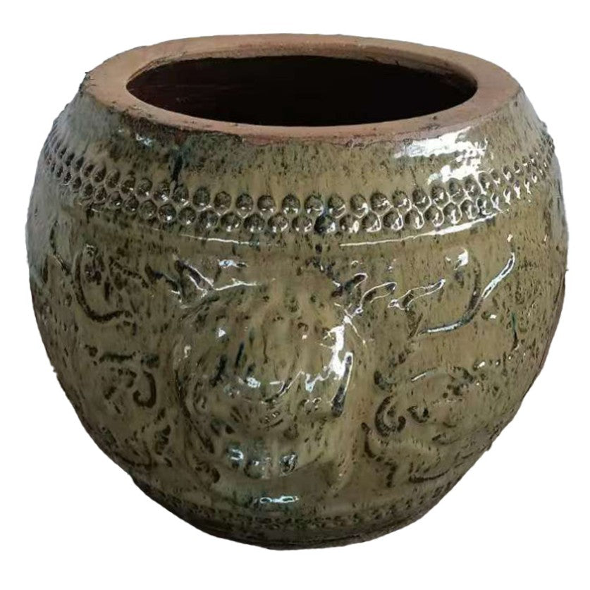 Lisie natural ceramic planter with blue dragon pattern, round