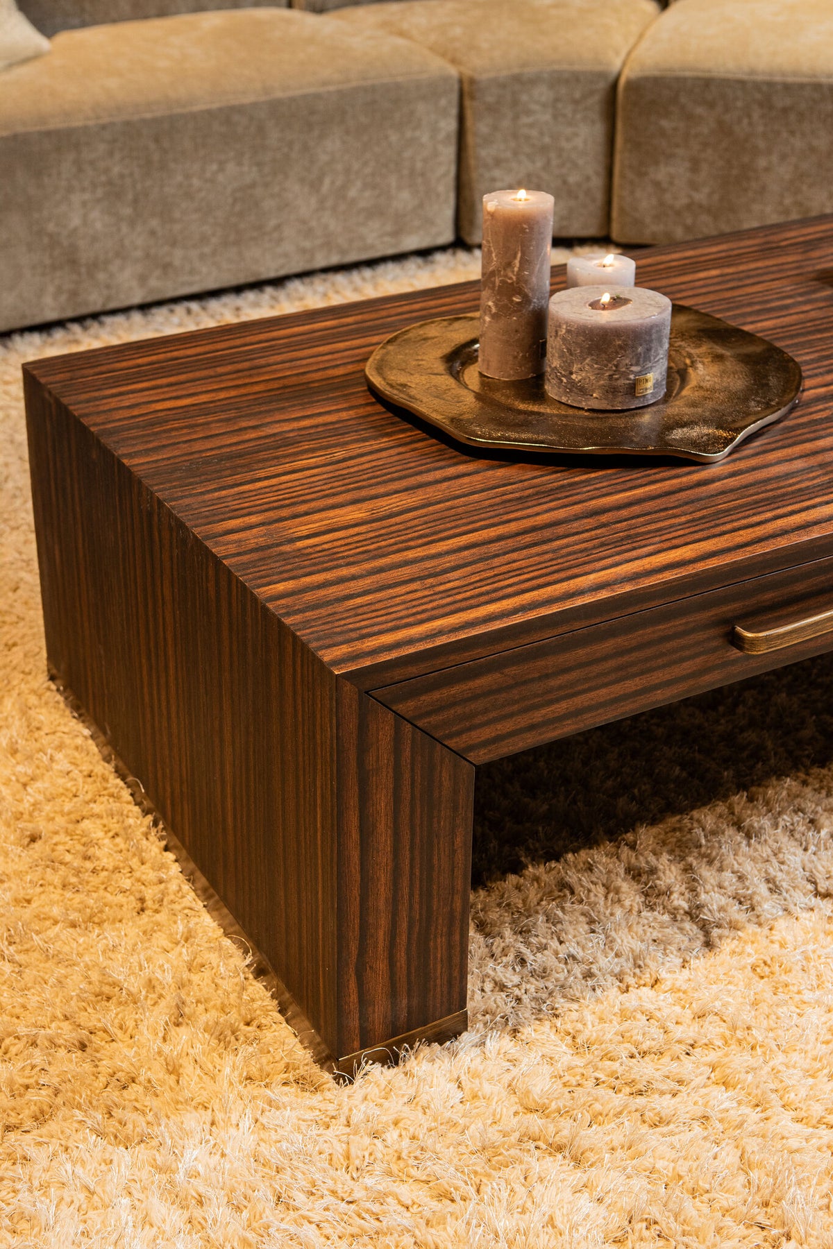 Tiess brown wooden veneer coffee table with two drawers